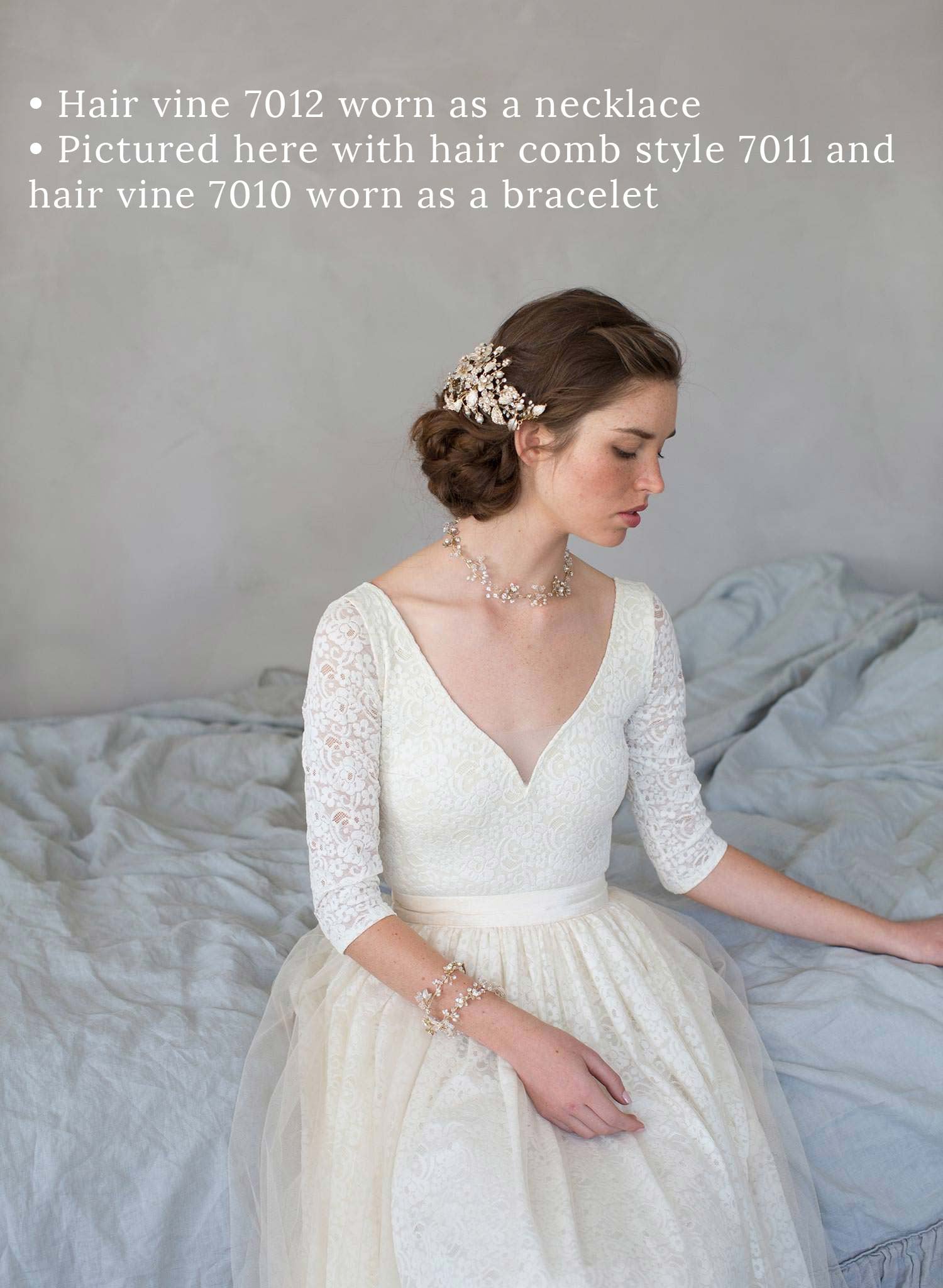 "Simple crystal and rose blossom convertible hair vine, necklace, bracelet - Style #7012"