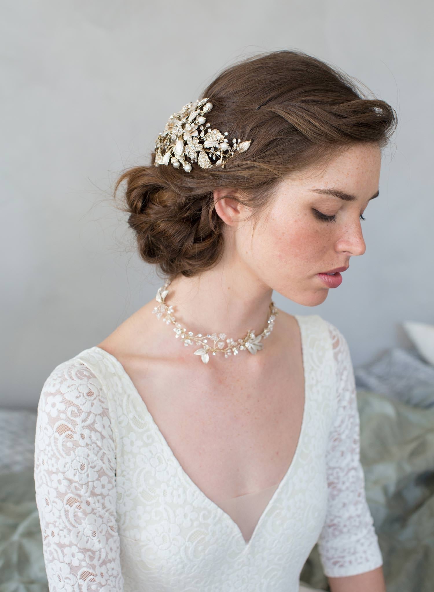 "Set discount, Crystals and foliage convertible hair comb (add to style 7012) - Style #7011"