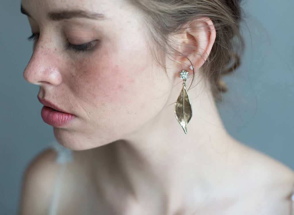 Antique gold leaf and rhinestone earrings - Style #7015