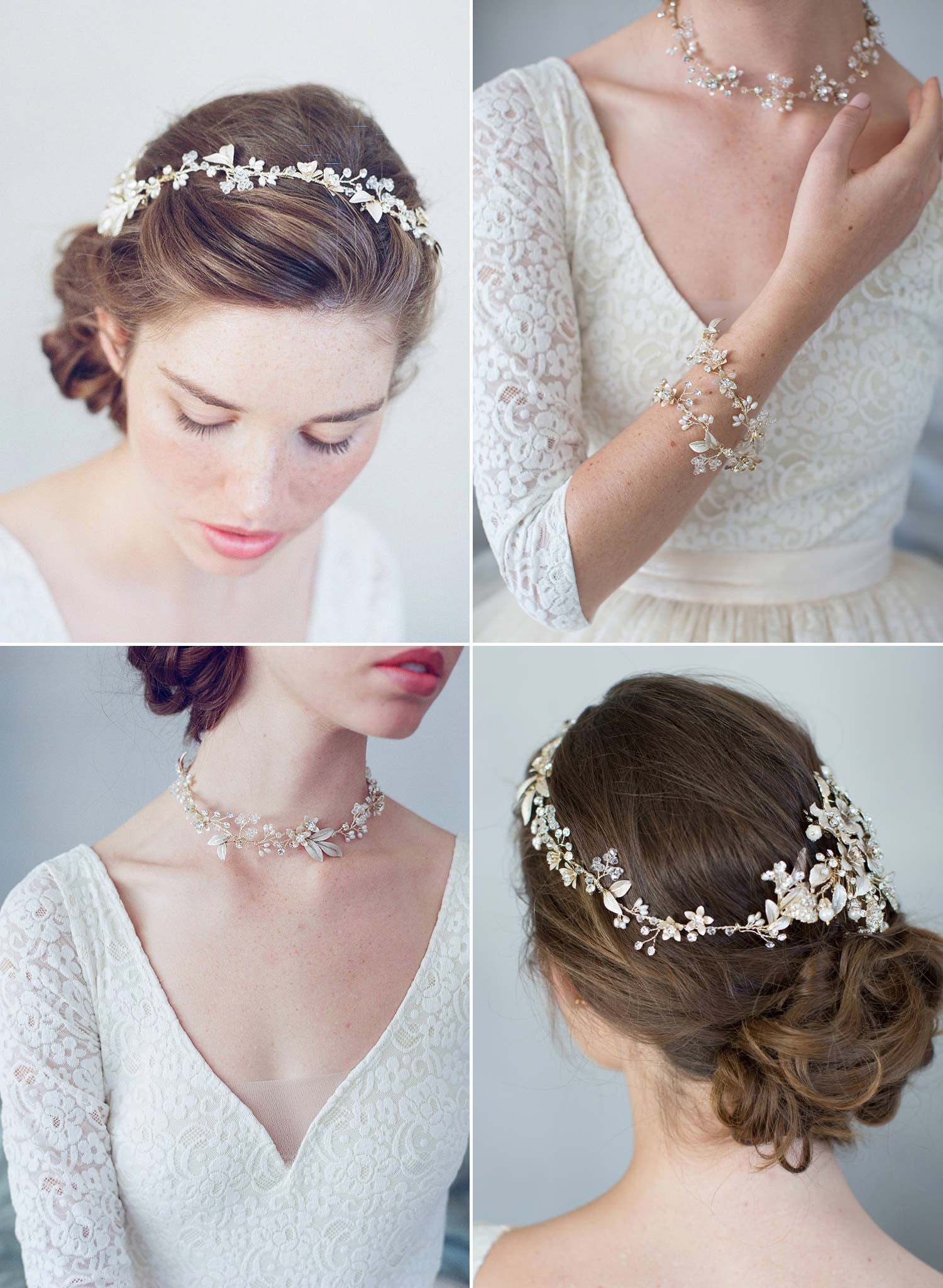 "Simple rose blossom and leaf convertible hair vine, necklace, bracelet - Style #7010"